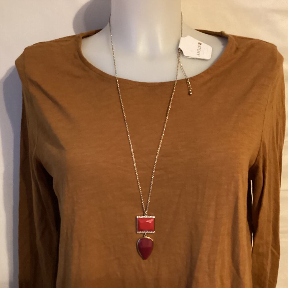 1815 NWT Stony Gold 30" Necklace w/Red Square, Maroon Drop, Swarovski Crystals